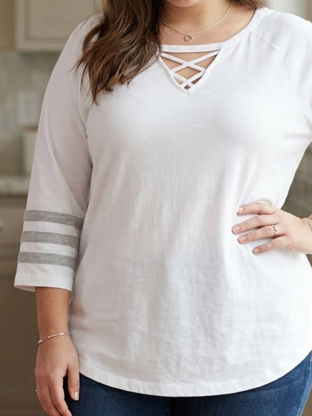 George Women's White Criss Cross Neck Varsity Stripe Sleeve Top Size L Casual